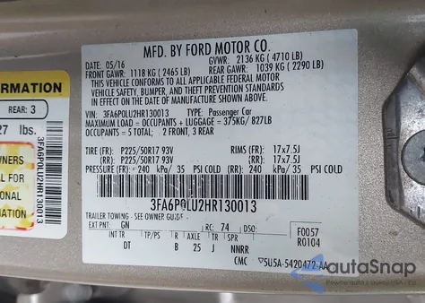 2017 Ford Fusion Hybrid Se z USA, uszkodzony, nr VIN 3FA6P0LU2HR130013